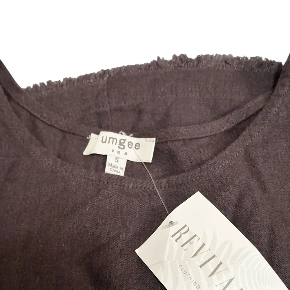 Umgee Brown Linen Blend Womens Cuffed Short Sleeve Top Sz Sm Raw Hem  Pocket NEW - Picture 9 of 9